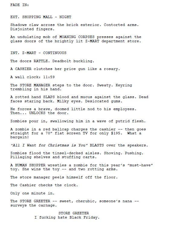 Page one of Dead in Committee screenplay — the opening Z-Mart Black Friday scene